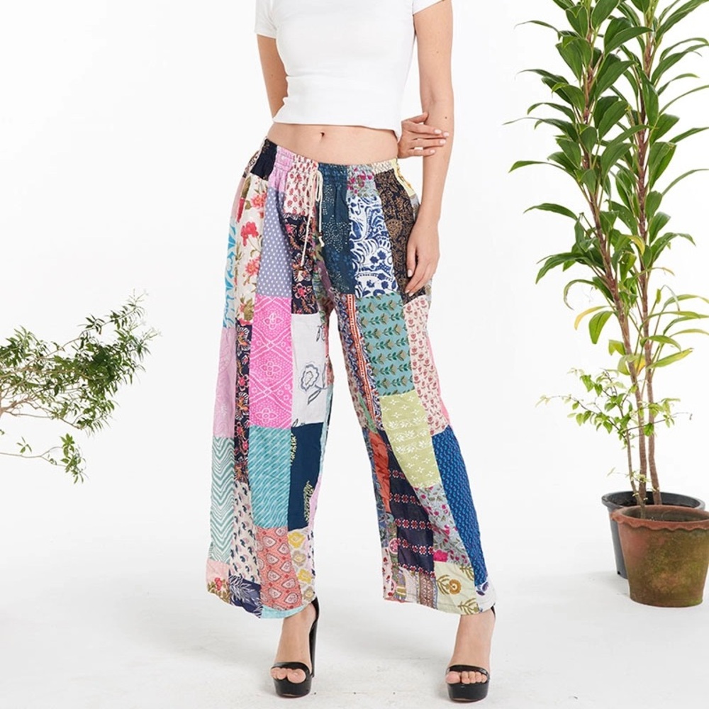 NWT Handmade Cotton Patchwork Pants Womens OS Boho Retro Colorful